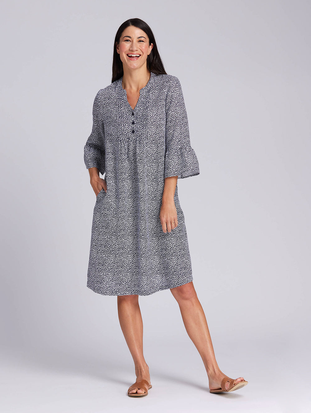 Abilene 3 4 Sleeve White Spot Print Linen Dress in Ink Navy