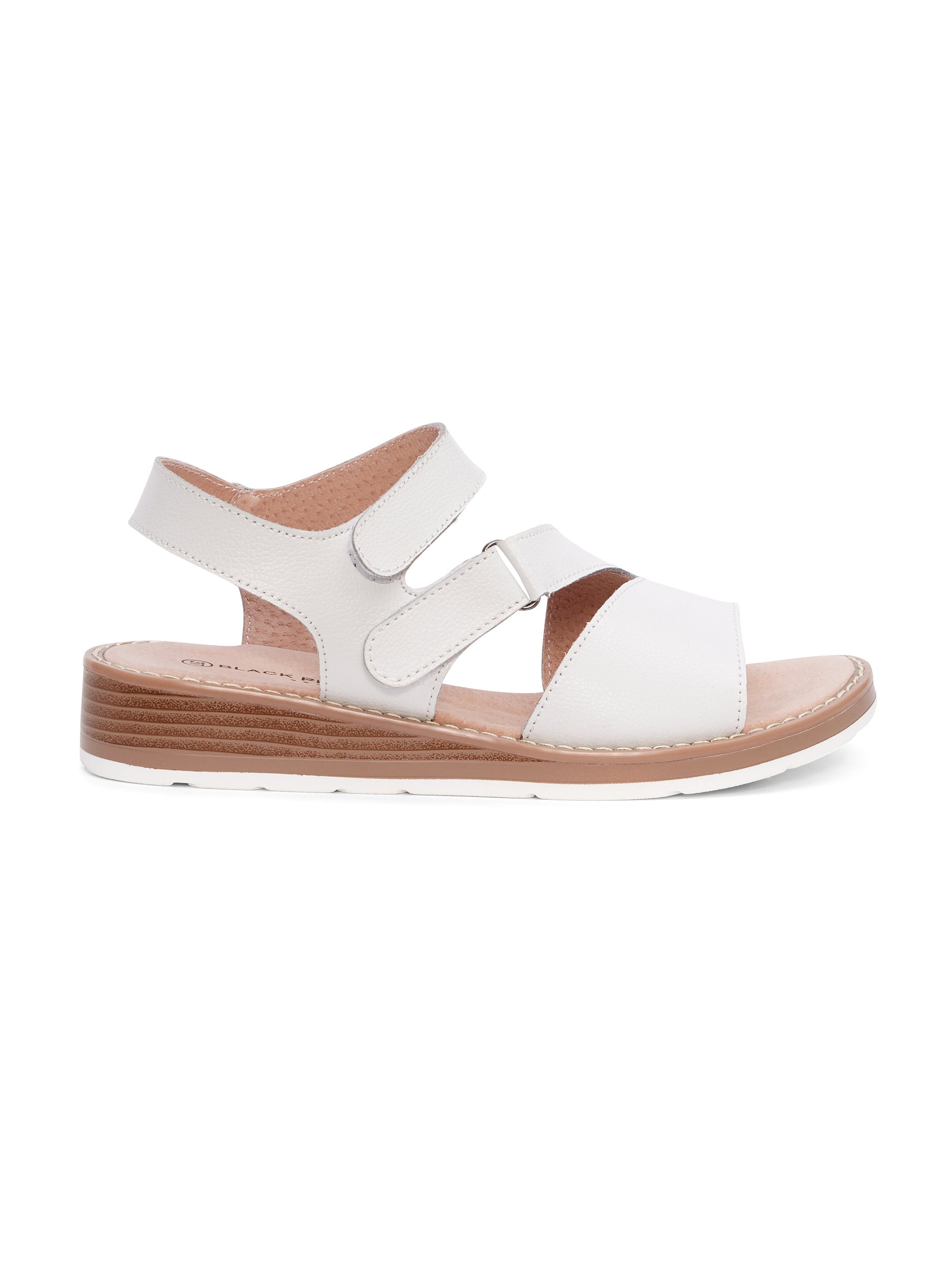 Cura Leather Velcro Strap Sandal in White Black Pepper